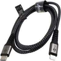 Goobay Lightning naar USB-C oplaad- en synchronisatiekabel, volledig metalen, zwart/grijs, 1 meter (verpakt in een zachte verpakking)