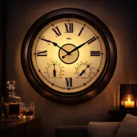 HomeShopXL Grote Wandklok 45 cm – Binnen/Buiten – Industrieel – Stil & Verlicht – Waterdicht – Met Thermometer & Hygrometer – Zwart/Dark Brons