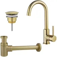 FortiFura Calvi Wastafelkraanset - hoge wastafelkraan - draaibare uitloop - always open plug - verlaagde design sifon - PVD - geborsteld messing (goud) SW809349/SW696208/SW696218