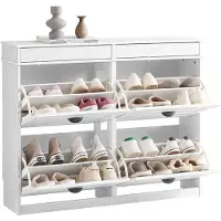 SoBuy Schoenenkast FSR79-WG – 4 kleppen – 103 x 23 x 82 cm – Wit met antiek houteffect – Schoenenrek voor 16 paar