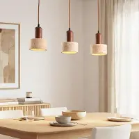 LumenXL Japandi hanglamp Muro met drie travertin (natuursteen) kappen en houtaccenten