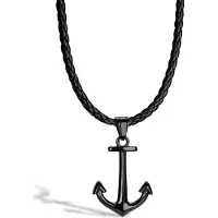 SERASAR Leren Herenketting [Anchor] - Zwart 50cm - Gevlochten Halsband