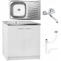 Stamar | Keukenonderkast, wit, staand model, 80 cm - Spoelbak - Wandmengkraan, chroom - Afvoer (sifon)