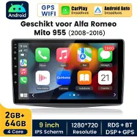 Hexinex HexinexMarket Quad-Core Autoradio Geschikt voor Alfa Romeo Mito 2008-2019 - Draadloos CarPlay, Android Auto,GPS Navi, RDS, Android 15, multimediaspeler, 2GB+64GB