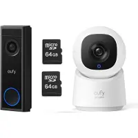 Eufy Security C30 2K Draadloze Video Deurbel 2K FHD - Accu Zwart + Security C220 indoorcam + 2X SD card 64 GB - Bundel