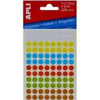 APLI ronde etiketten in etui diameter 8 mm, geassorteerde kleuren, 288 stuks, 96 per blad (2092) - 12 stuks