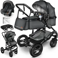 Kiduku KIDUKU- 3 in 1 combi-kinderwagen- antraciet/zwart buggy incl. autostoeltje-regenhoes- inklapbaar