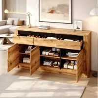 STILVORA Dressoir - Wellenfront Met 3 Laden En Verstelbare Planken - Voor Woonkamer En Hal - Spaanplaat - 135x35x70 Cm - Naturel