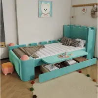 STILVORA Kinderbed 90x200 cm - Gestoffeerd Bed Met Opberglade En Klapbare Zijplank - Kastelen Design - Frans Velours - Blauwgroen - Zonder matras