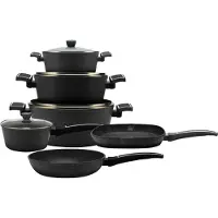 ROYAL SWISS Pannenset – 10-delig Casserole Set – Aluminium Belly Shape – Ø20/22/24/26/28 cm – Marmeren Antiaanbaklaag – Geschikt voor Inductie & Alle Kookplaten – Met Glazen Deksel –