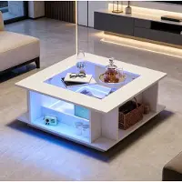 STILVORA Salontafel - Hoogglans Met Glasplaat En Ledverlichting - Met Opbergruimte Voor Woonkamer - Spaanplaat - 70x70x30 Cm - Wit