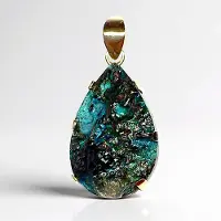 Cavill - Zilveren Hangertje 925 Sterling Zilver Verguld - Gem Silica Druzy 47,4 ct - Peervorm - Bali Barong Stijl - Blauw Groen Glans