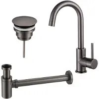FortiFura Calvi Wastafelkraanset - hoge wastafelkraan - draaibare uitloop - always open plug - verlaagde design sifon - PVD - geborsteld gunmetal (antraciet) SW809350/SW769487/SW767295
