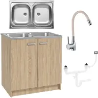 Stamar - Keukenkast Eiken Sonoma 80 - Spoelbak 2 Kompartimenten - Flexibele Kraan - Beige
