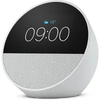Amazon Echo Spot (2024), wit Slimme klok, herinneringen, weer, timer en meer. Geef titels van nummers weer en bedien ze eenvoudig met een stemcommando