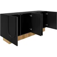 OKWISH Sideboard – Modern U-Relief Sideboard – 4 Deuren – 4 Vakken Ca. 54 cm – 160x38x75 cm – Mat Front Met Houtstructuur Onderaan – Spaanplaat Zwart+Bruin