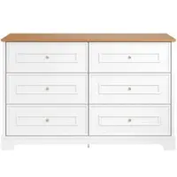OKWISH Dressoir – 6 Lades – Schuurpatroon Met Gouden Knoppen – 120×40×76 cm – Opbergruimte Voor Woonkamer/Eetkamer/Hal – MDF Wit+Lichtbruin