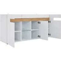 OKWISH Dressoir – 3 Deuren – 140×40×70 cm – App-Bediening LED-Verlichting – Hoogglans Fronten – Halfopen Glasvak – Spaanplaat Wit+Lichtbruin