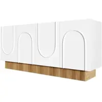 OKWISH Sideboard – U-Relief – 4 Deuren 4 Vak – 160x38x75 cm – Opbergruimte Voor Woonkamer/Eetkamer – Matte Front Met Houtstructuur – Spaanplaat – Wit+Bruin