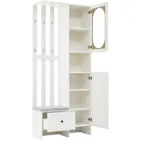 OKWISH Garderobekast – 2 Kasten 1 Lade – Schoenenbank Met 6 Haken – 10 Opbergniveaus – Anti-Kantel Ontwerp – 85x33,5x200 cm – Spaanplaat+Gehard Glas – Wit