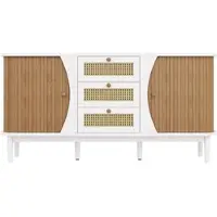 MODFU Opbergkast 140,5x40x76 cm van MDF en spaanplaat, met deuren en 3 rattanladen, wit