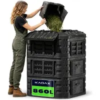 Kadax Module-composteersysteem, snelcomposter van kunststof, compostbak met drukknopen, zwarte thermocomposter met inklapbaar deksel (860L)