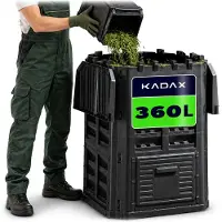Kadax Compostbak, zwarte compostinstallatie, snelcompostbak van kunststof, weerbestendige thermocompostbak met inklapbaar deksel (360 l)