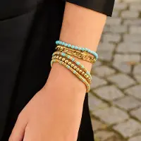 CO88 Collection 8CB-90824 Stalen Armband - Dames - Turkoois - Kralen - 4 x 2 mm - 17 cm - Goudkleurig