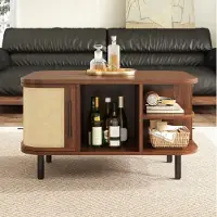 OKWISH Salontafel met open vakken, salontafel met metalen handgrepen, met een golvend design, woonkamertafel in notenhout
