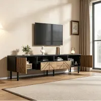 OKWISH TV-meubel - Modern Laag Dressoir Met 2 Deuren En 2 Lades - Voor Woonkamer - Spaanplaat In Zwart En Naturel Houtlook - 180x40x45 cm