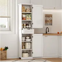OKWISH Keukenkast - Hoge Opbergkast Met 2 Deuren En 1 Lade - 170x40x30 cm - Verstelbare Planken Voor Keuken En Woonkamer - MDF Wit