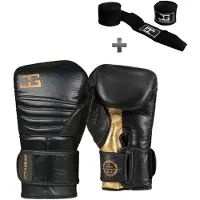 Joya Bokshandschoenen Falcon Zwart Goud - 16 oz – Echt Leren Kickbokshandschoenen – Dubbele Klittenbandsluiting – Heren/Dames – Training