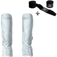 Joya ESSENTIAL Scheenbeschermers – Kickboksen/Muay Thai/MMA – Wit/Goud – Maat XL – Ergonomische pasvorm, schokabsorberende padding – Inclusief Bandage