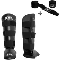 Joya “PU DE LUXE” Scheenbeschermer – Kickboksen/MMA/Muay Thai – PU Kunstleer – Zwart – S – incl. Bandage