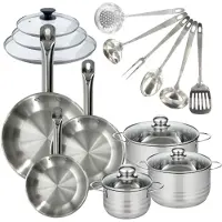 Fackelmann Set 3 pannen 20, 24 en 28 cm van roestvrij staal en deksels, 3 roestvrijstalen braadpannen 16, 20 en 24 cm en 6 roestvrijstalen keukengerei Eterna
