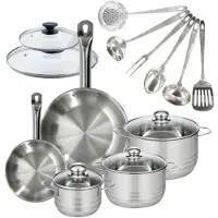 Fackelmann Set 2 pannen 20 en 28 cm van roestvrij staal en deksels, 3 roestvrijstalen kookpotten 16, 20 en 24 cm en 6 roestvrijstalen keukengerei Eterna