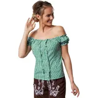 Dressforfun Ina traditionele blouse 900620 - groen wit geruit - Carmen halslijn - korte mouw