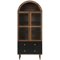 STILVORA Dressoir - Gewelfde Retro Opbergkast Met Verstelbare Planken En Ribbelglas Deur - Gouden Ringgrepen - MDF+Glas - 70x38x165 cm - Notenbruin