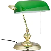Relaxdays bureaulamp met trekschakelaar, groene lampenkap, ronde voet, vintage design, glas, afmetingen (hoogte x breedte x diepte): 31x22,5x18,5 cm, messing