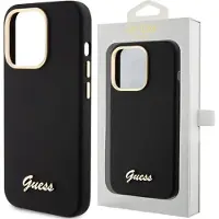 GUESS - Siliconen - Script Metal Logo & Frame hoesje voor iPhone - 15 - Pro - zwart