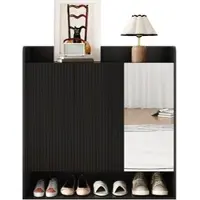 STILVORA Schoenenkast - Met Spiegel En Verticale Structuur - Stofdichte Opbergruimte Voor Hal En Woonkamer - MDF Spaanplaat - Zwart - 110x35,5x110 Cm