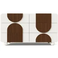OKWISH Dressoir – AB20053536W – 6 lades – Gebogen Design Met Chocolade Houten Latten – Geruisloze Schuiflades – MDF Wit – 121x41x71 cm