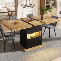 OKWISH Eettafel – Uitschuifbaar 110-140 cm – Met Opbergruimte en Verlichting – Verstelbare Plank – MDF en Metaal Zwart Houtlook