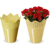 Kadax Puntige bloempot van kunststof, 9 kleuren, bloempot met kantmotief, bloempotbescherming voor kantoor, pot, tuinschaal, bloembak, bloempot (diameter 14,5 cm, hoog, geel)