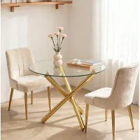 STILVORA Eettafel - Ronde Glazen Tafel Met Kruispoot - Voor Eethoek En Woonkamer - Glas En Metaal - 80x80x77 Cm - Goud