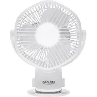 Adler Draagbare Ventilator met Klem en LED-Verlichting – 3 Snelheden – Oplaadbaar – Tafelventilator – Mini ventilator - USB – 6 W – Wit - AD 7335