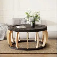 STILVORA salontafel van massief hout met riet, ronde tafel met gebogen poten in vintage stijl, bijzettafel in boho-design voor woon- en eetkamer, tafel voor keuken en woonkamer