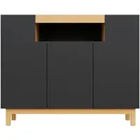 OKWISH Dressoir - 3 Deuren En Open Vak - Voor Woonkamer En Eetkamer - Spaanplaat Zwart En Houtlook - 120,5×42×96 Cm