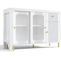 OKWISH Dressoir – Uitklapbare Tafel 122×80 cm – 116×40×78,5 cm – 2 Schuifdeuren – Geharde Glas Schuifdeuren – Goudkleurige Poten – MDF– Wit