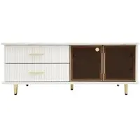OKWISH Salontafel - 2 Laden 2 Deuren - Met Wisselbare LED - Marmerstructuur en Golfstructuur Lades - Spaanplaat Wit met Gouden Details - 100x50x40 cm